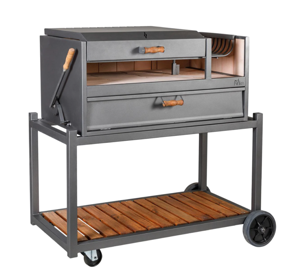 Argentinian style charcoal gaucho grill on cart