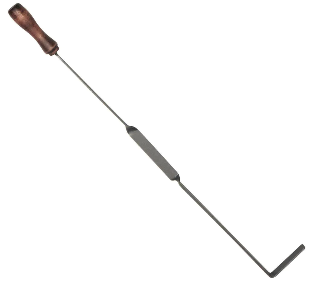 Fire poker with wood handles desinged to be used with Argentinian style charcoal gaucho grill