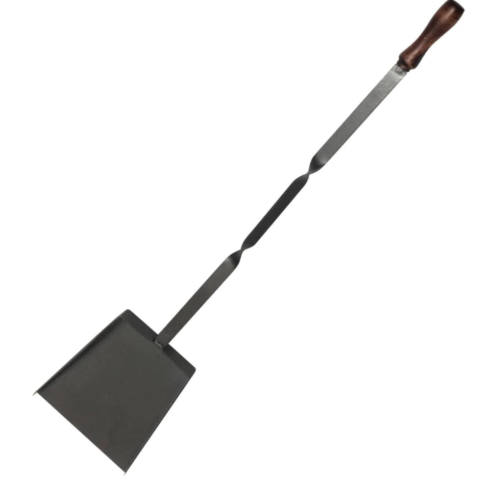 Ash shovel with wood handles desinged to be used with Argentinian style charcoal gaucho grill